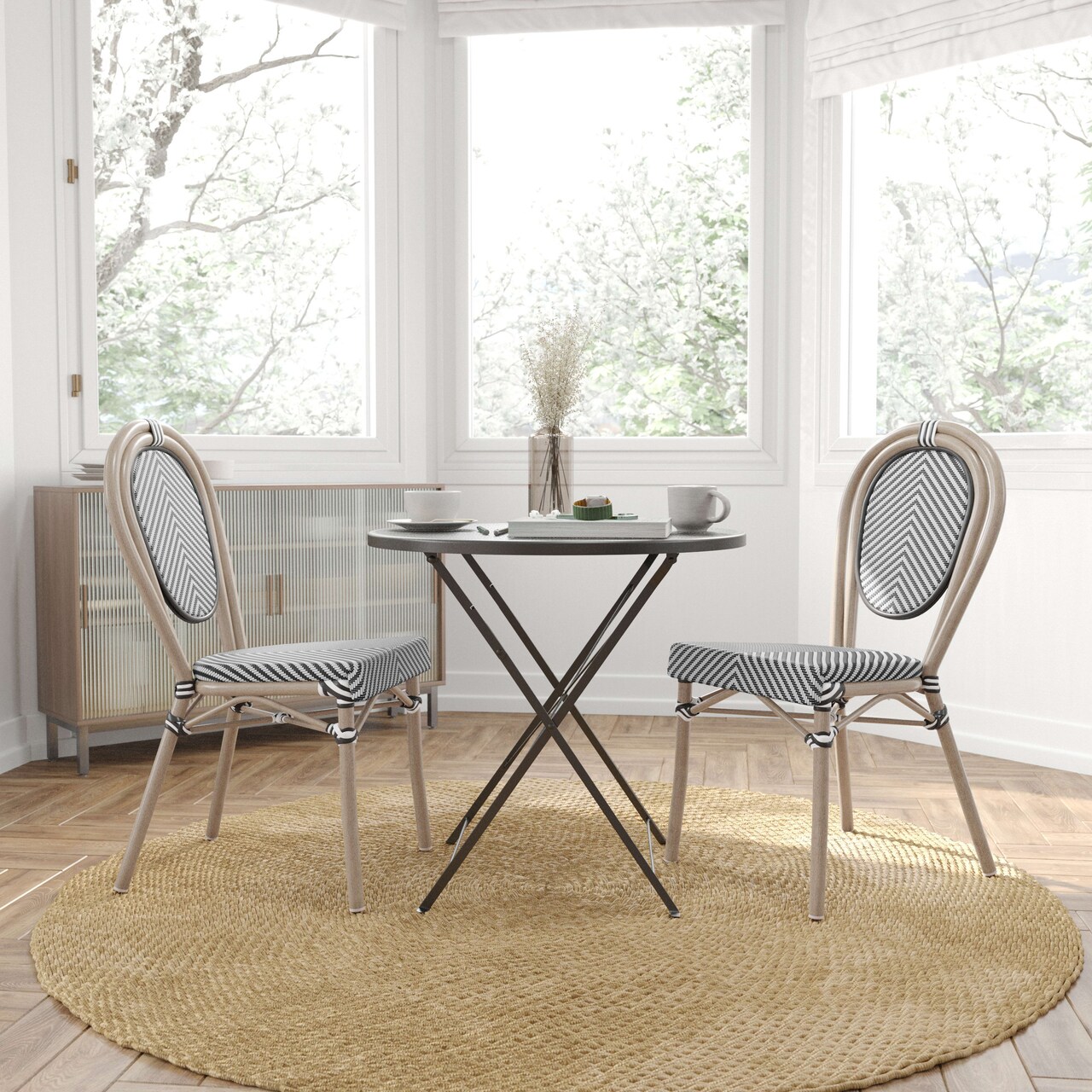 Merrick Lane Mael Set of Two Stacking Thonet Bistro Style Chair with Textilene Seat and Bamboo Finished Metal Frame for Indoor/Outdoor Use